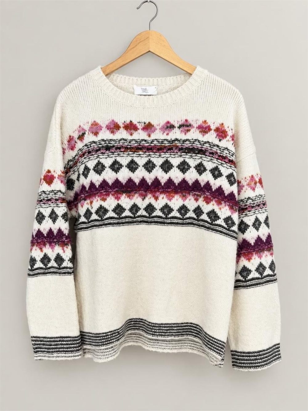 Time and Tru Cream Fair Isle Crewneck Sweater with Pink & Purple Accents